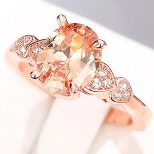 Rose Gold Plated Morganite Oval Zircon Jewelry with side hearts  sz 8